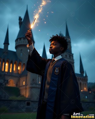 A young Black man in dark blue robes holds up a sparkler by a castle at dusk