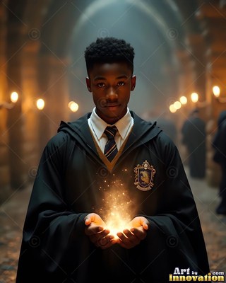 In a dim stone hall, a young Black man in black robes holds bright sparks in his hands