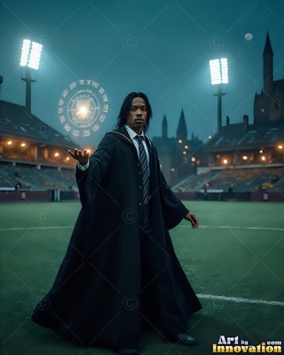 Casting a bright spell circle, a young man wears black robes on a night sports field