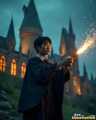 A young man in black robes holds a sparking wand by a castle tower