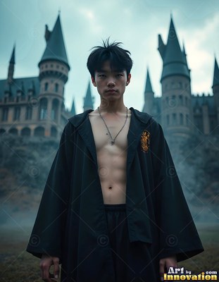 Wearing an open black robe, a bare-chested young man stands outside a stone castle