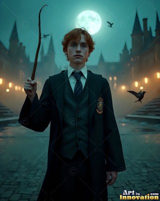 A young man carries up a wooden wand under the cool light of a full moon