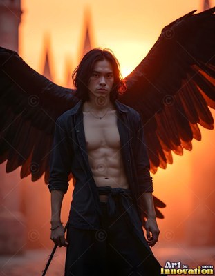 Standing before tall towers, a shirtless man with black wings faces forward at sunset
