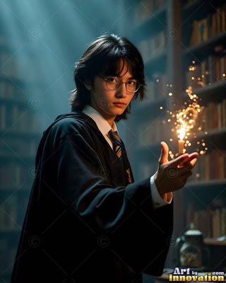 A young man in glasses and black robes holds a sparkling candle in a dark library