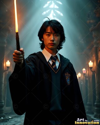 In a dim stone hall, a young man in black robes holds up a bright wand