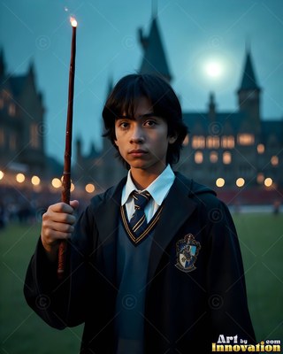 Holding a lit wand, a young man in a dark school uniform stands outside a castle at night