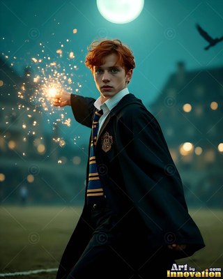 Young red-haired man casts yellow sparks under a full moon