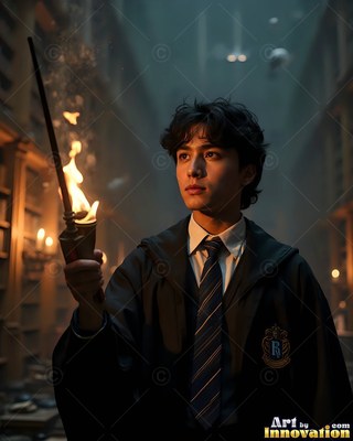 Wearing a dark school robe and tie, a young man holds a small torch in a dim library