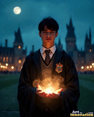 A young man in a school uniform holds bright yellow light in his cupped hands outside a castle