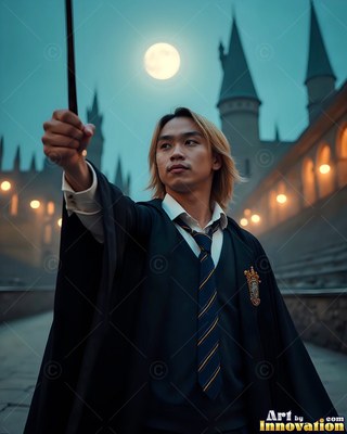 Facing forward, a man holds a wand in a castle courtyard under a full moon