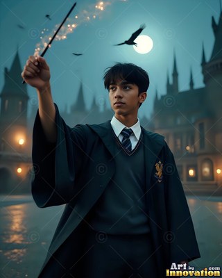 A young man in black robes raises a wand as birds fly beneath a full moon