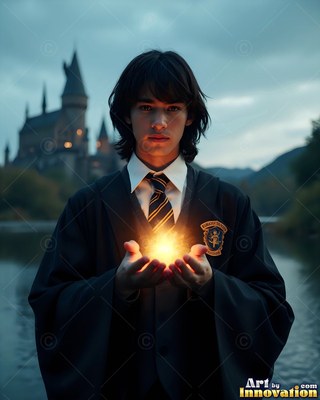Outside a distant castle, a young man holds bright yellow light in his hands