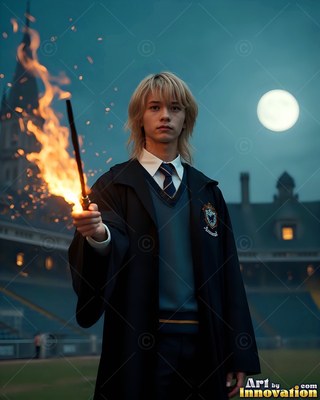 Holding a fiery wand at night, a blond young man stands in black school robes under the moon