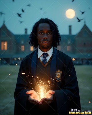 A man in a black school robe holds sparks at night
