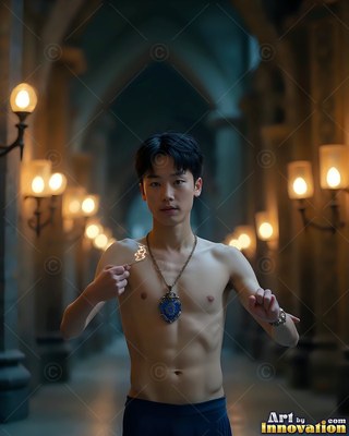 Wearing a blue amulet, a shirtless young man poses standing in a dim stone hall with warm wall sconces