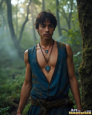 A young man walks through a hazy forest, wearing a blue sleeveless vest in soft daylight