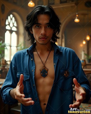 Facing forward in a hall, a man in an unbuttoned blue shirt holds out his hands