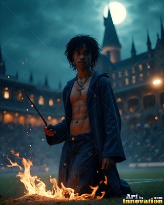 A shirtless man in a blue robe kneels by a fire with a wand under moonlight