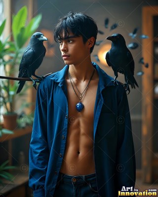 In an indoor room, a young man in an open blue shirt stands with two black ravens