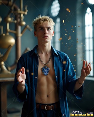 Raising his hands, a blond young man wears a bright blue uniform shirt as gold flakes float around him