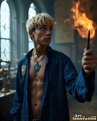 Wearing a plain blue uniform shirt, a blond young man holds a fiery wand in a stone hall
