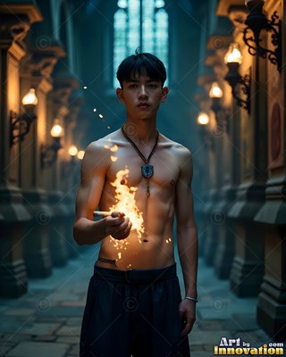 A shirtless young man clasps bright yellow flames in his hand in a stone hall