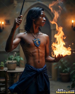 Turned sideways in a stone room, a shirtless man holds fire in one hand