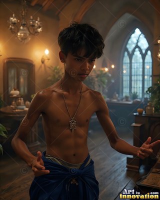 A thin young man poses standing shirtless in a dimly lit castle room