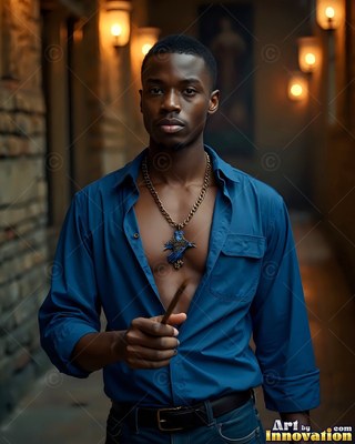 In a dim hallway, a Black man in a clear blue collared shirt holds a wand
