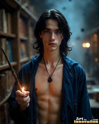 Holding a lit wooden wand, a bare-chested young man in an open blue robe stands in a dark library