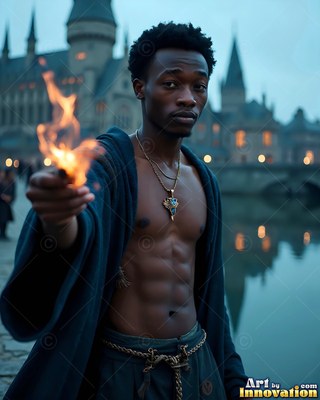 Shirtless Black man in an open robe holding fire outside a castle