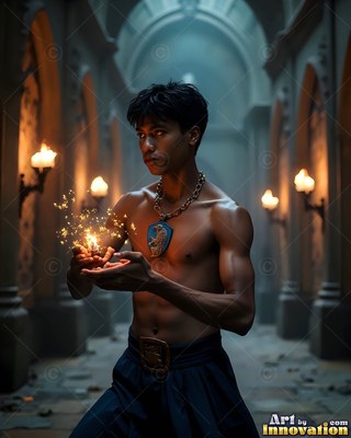 A heavy blue amulet hangs on a bare-chested man holding golden sparks in a stone hall