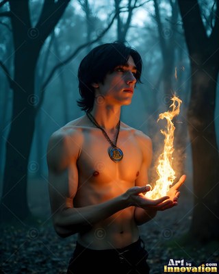 A shirtless young man holds fire in his cupped hands in a dim blue forest