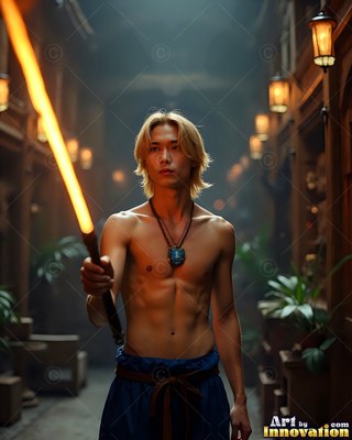 Facing forward in a dim hallway, a shirtless man holds a bright staff