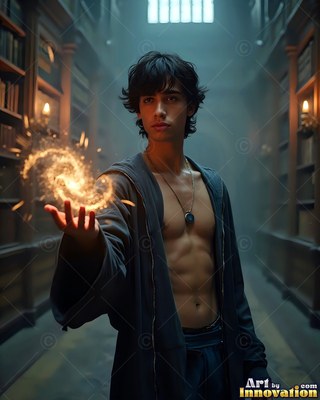 A shirtless young man in a dark open robe holds bright yellow sparks in a library hall
