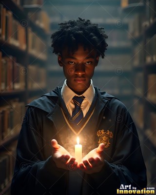 In a dark library, a young man holds a lit candle between his open hands
