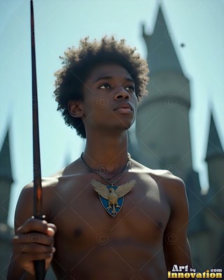 Holding a dark wand, a shirtless young man stands outside a stone castle under daylight
