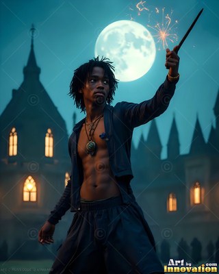 A shirtless young man grips a sparking wand before a castle under a full moon