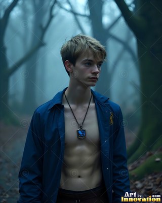 An unbuttoned dark blue jacket hangs open on a young man standing in a misty forest