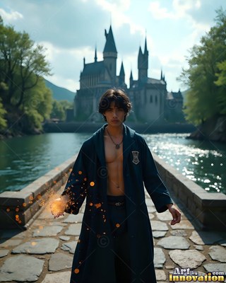 A shirtless man in a robe stands on a stone bridge with bright orange sparks
