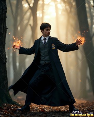 Standing in a misty wood, a young man in black robes holds fiery sparks in his hands