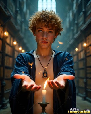 A young curly-haired man holds his open hands over a lit candle in a dark library hall