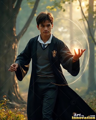 In a sunlit forest, a young man in black robes holds bright sparks in his palm