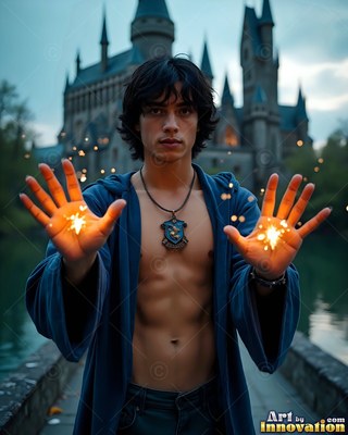 Holding out bright yellow sparks, a shirtless young man in a blue robe stands by a castle lake