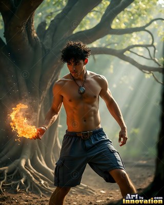 Shirtless man in blue shorts holding bright fire in his hand near trees