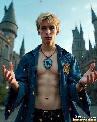 Wearing a clear blue robe, a blond young man clasps his hands out before a castle courtyard