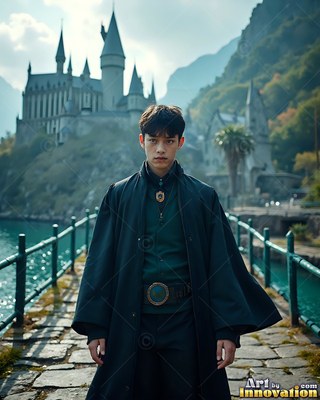 A young man stands on a stone bridge wearing a dark green coat in pale daylight
