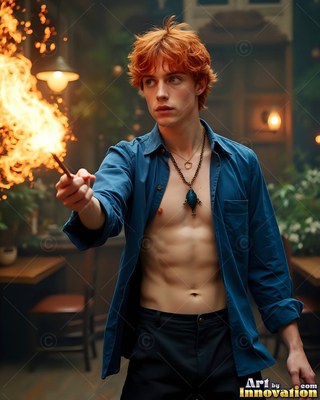 Facing forward in a dim tavern, a red-haired man holds a flaming wand