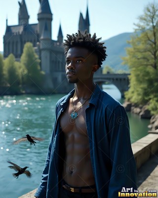 A young man in an open blue collared shirt stands near flying black birds by a river castle