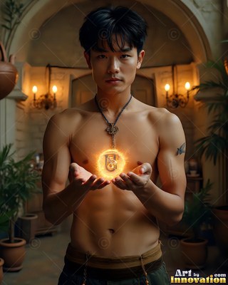 In a warm stone hall, a shirtless young man holds a bright fiery emblem in his hands